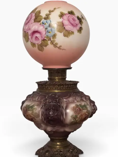 Antique-Style 'Gone with the Wind' Lion-Head Parlor Lamp with Hand-Painted Roses - detail