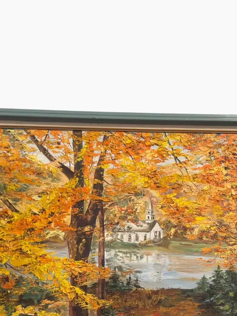Autumn Lakeside with Chapel - Signed 'J. Clark', Framed Oil on Canvas - detail