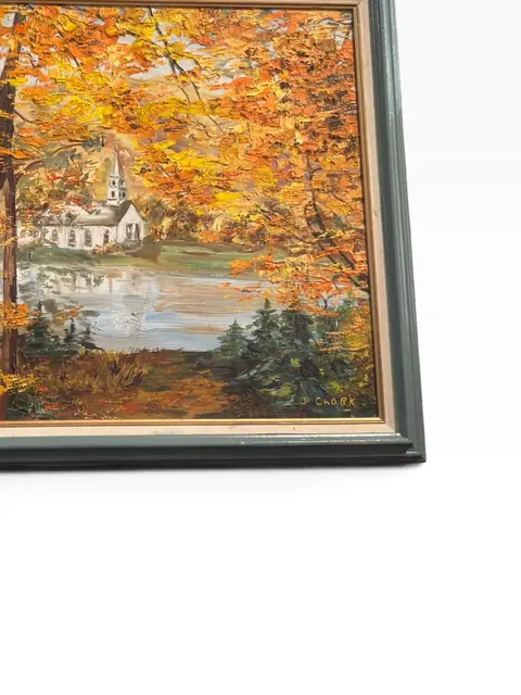 Autumn Lakeside with Chapel - Signed 'J. Clark', Framed Oil on Canvas - detail