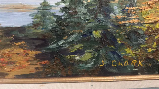 Autumn Lakeside with Chapel - Signed 'J. Clark', Framed Oil on Canvas - detail