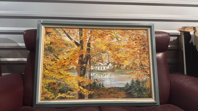 Autumn Lakeside with Chapel - Signed 'J. Clark', Framed Oil on Canvas - detail
