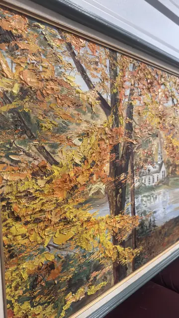 Autumn Lakeside with Chapel - Signed 'J. Clark', Framed Oil on Canvas - detail