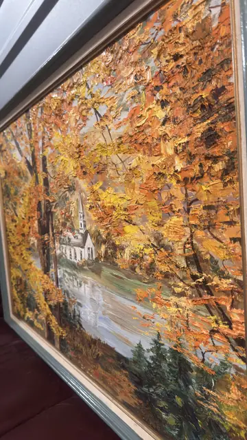 Autumn Lakeside with Chapel - Signed 'J. Clark', Framed Oil on Canvas - detail