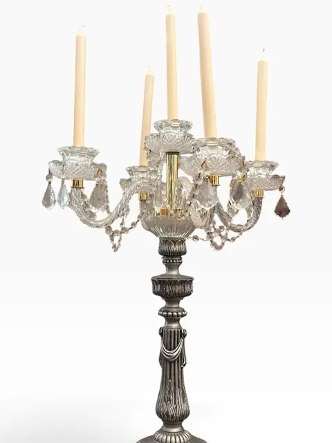 Baccarat-Style Five-Light Crystal Candelabra with Silvered Stem - detail