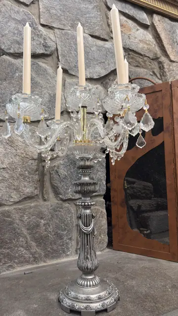 Baccarat-Style Five-Light Crystal Candelabra with Silvered Stem - detail