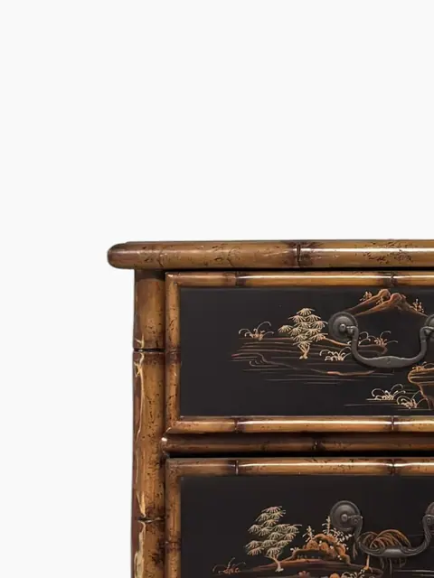 Chinoiserie Bamboo Nightstand with Hand-Painted Black Lacquer Drawers - detail