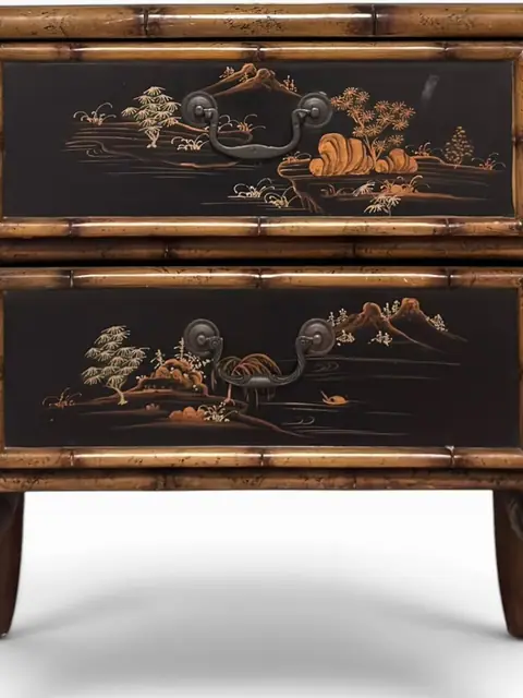 Chinoiserie Bamboo Nightstand with Hand-Painted Black Lacquer Drawers - detail