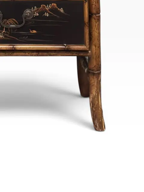 Chinoiserie Bamboo Nightstand with Hand-Painted Black Lacquer Drawers - detail