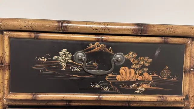 Chinoiserie Bamboo Nightstand with Hand-Painted Black Lacquer Drawers - detail