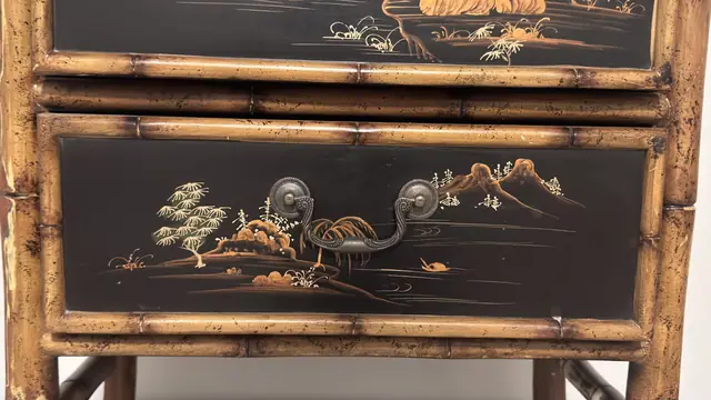 Chinoiserie Bamboo Nightstand with Hand-Painted Black Lacquer Drawers - detail