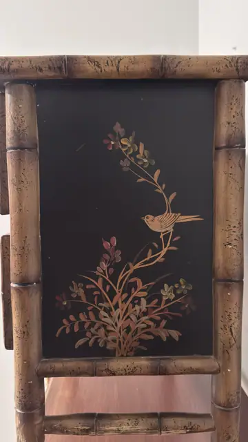 Chinoiserie Bamboo Nightstand with Hand-Painted Black Lacquer Drawers - detail