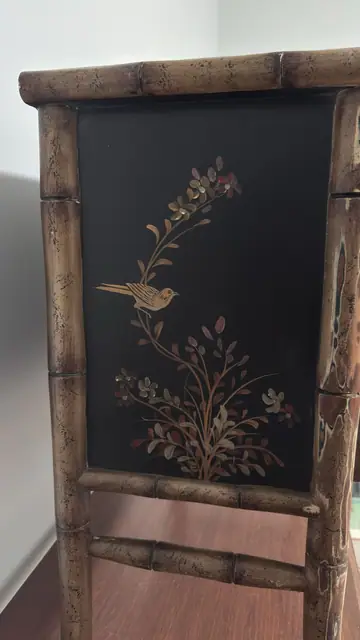 Chinoiserie Bamboo Nightstand with Hand-Painted Black Lacquer Drawers - detail
