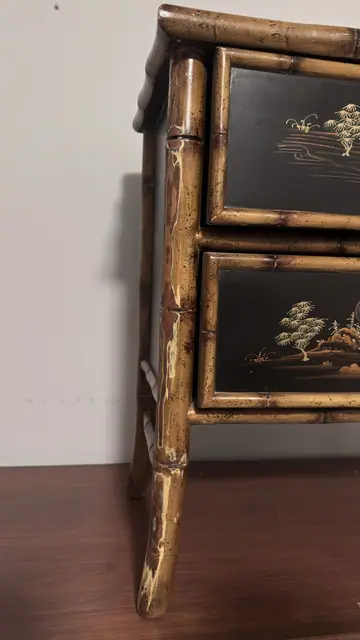 Chinoiserie Bamboo Nightstand with Hand-Painted Black Lacquer Drawers - detail