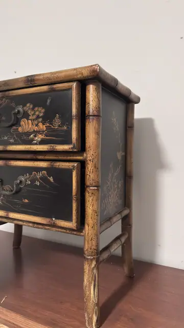 Chinoiserie Bamboo Nightstand with Hand-Painted Black Lacquer Drawers - detail