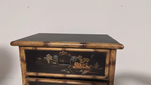 Chinoiserie Bamboo Nightstand with Hand-Painted Black Lacquer Drawers - detail