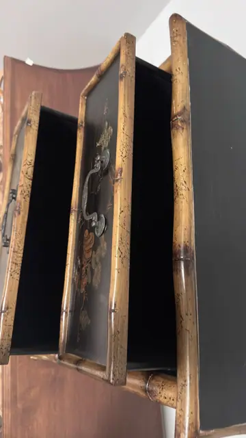 Chinoiserie Bamboo Nightstand with Hand-Painted Black Lacquer Drawers - detail