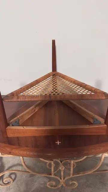 Danish Teak 'Guitar Pick' Triangular Side Table with Cane Shelf, in the Manner of Poul Jensen for Selig - detail
