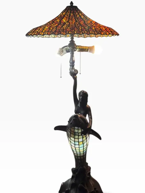 Figural Mermaid and Dolphin Table Lamp with Tiffany-Style Stained Glass Shade - detail