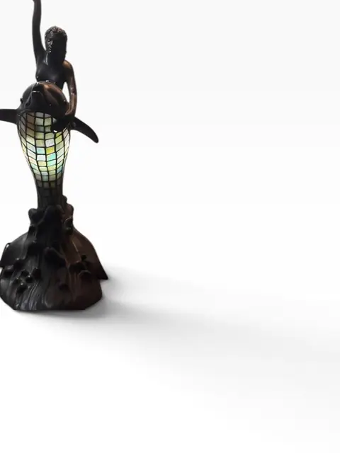 Figural Mermaid and Dolphin Table Lamp with Tiffany-Style Stained Glass Shade - detail