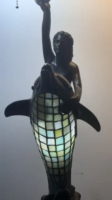 Figural Mermaid and Dolphin Table Lamp with Tiffany-Style Stained Glass Shade - detail