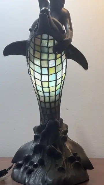Figural Mermaid and Dolphin Table Lamp with Tiffany-Style Stained Glass Shade - detail