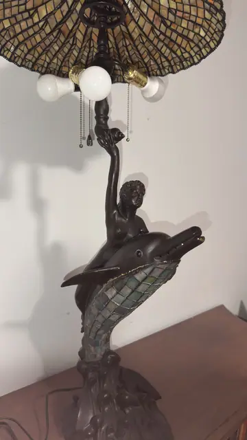 Figural Mermaid and Dolphin Table Lamp with Tiffany-Style Stained Glass Shade - detail