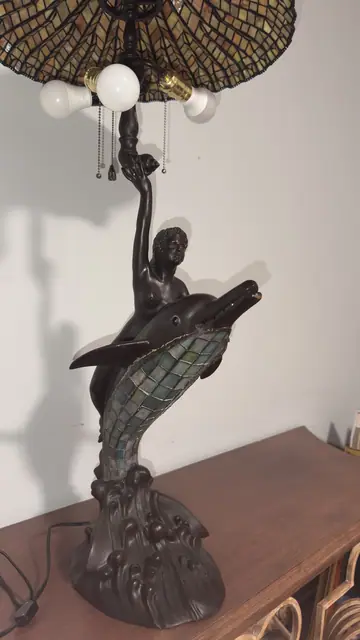 Figural Mermaid and Dolphin Table Lamp with Tiffany-Style Stained Glass Shade - detail