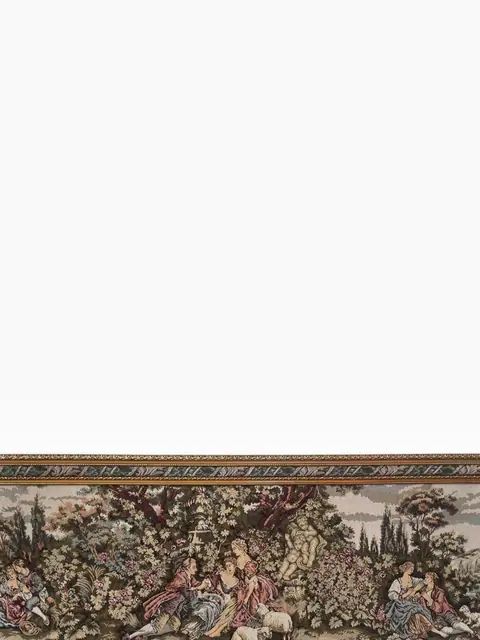 Framed Pastoral Tapestry — Rococo Garden Scene, Gilt Frame - detail