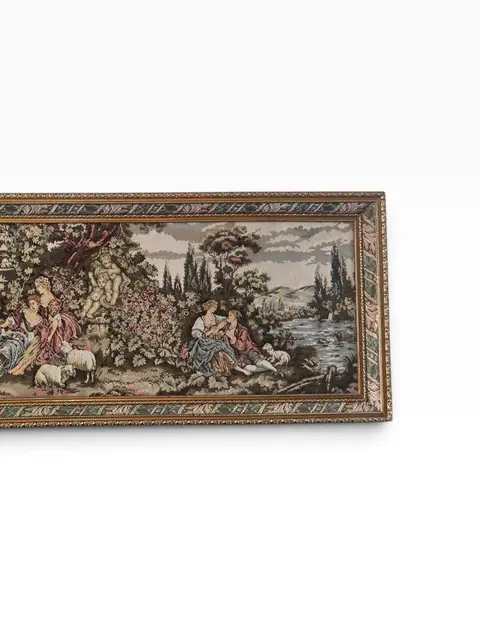 Framed Pastoral Tapestry — Rococo Garden Scene, Gilt Frame - detail