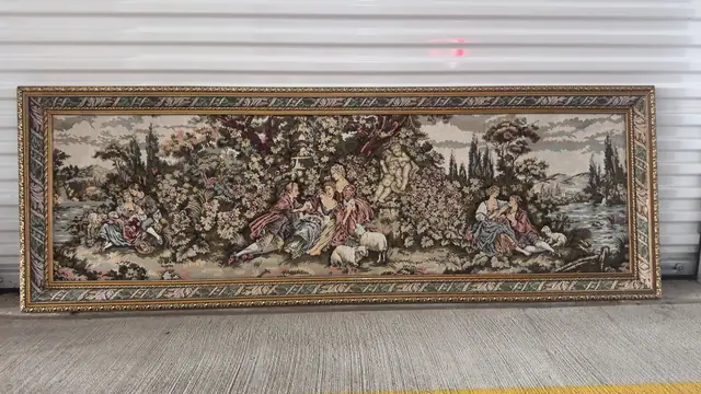 Framed Pastoral Tapestry — Rococo Garden Scene, Gilt Frame - detail