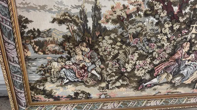 Framed Pastoral Tapestry — Rococo Garden Scene, Gilt Frame - detail