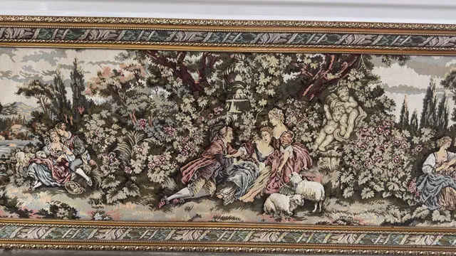 Framed Pastoral Tapestry — Rococo Garden Scene, Gilt Frame - detail