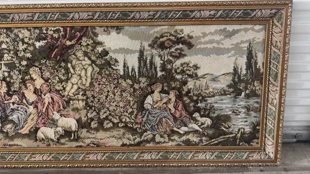 Framed Pastoral Tapestry — Rococo Garden Scene, Gilt Frame - detail