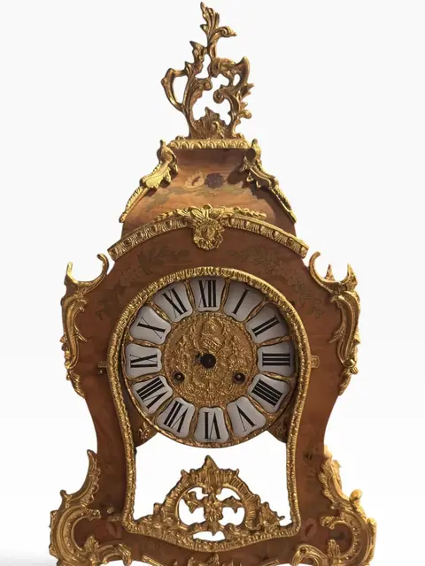 French Louis XV-Style Ormolu-Mounted Mantel Clock with Floral-Painted Burl Case - detail