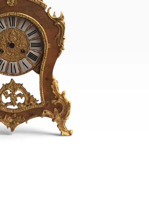 French Louis XV-Style Ormolu-Mounted Mantel Clock with Floral-Painted Burl Case - detail