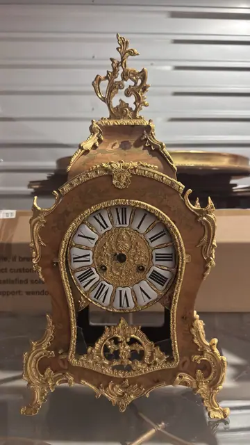 French Louis XV-Style Ormolu-Mounted Mantel Clock with Floral-Painted Burl Case - detail
