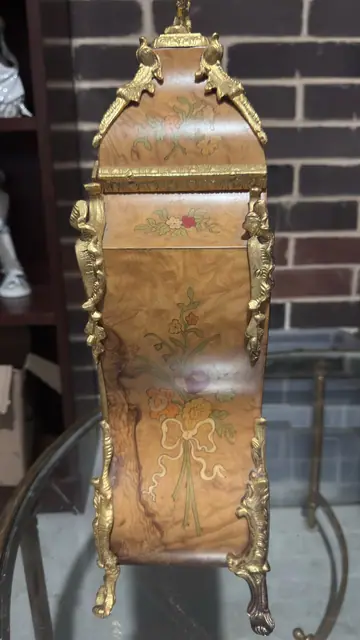 French Louis XV-Style Ormolu-Mounted Mantel Clock with Floral-Painted Burl Case - detail