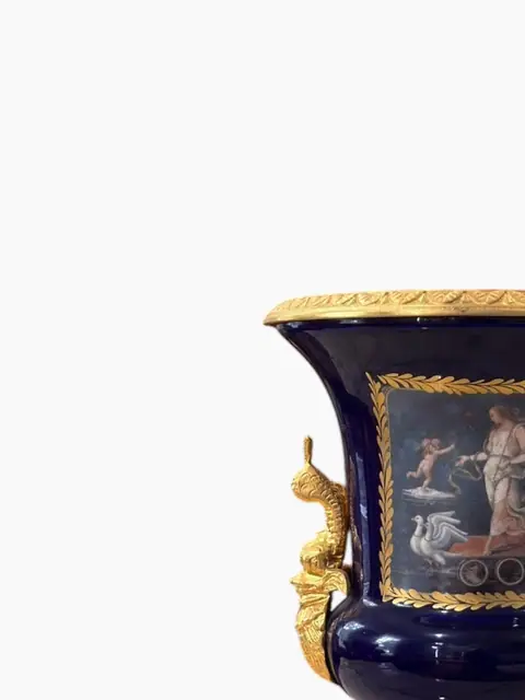 French Sèvres-Style Cobalt Blue Porcelain Pedestal Urn with Classical Painted Panel - detail