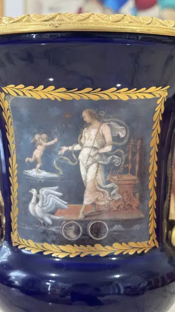 French Sèvres-Style Cobalt Blue Porcelain Pedestal Urn with Classical Painted Panel - detail