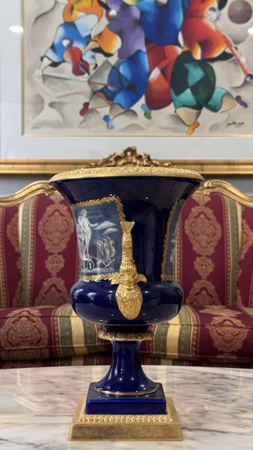 French Sèvres-Style Cobalt Blue Porcelain Pedestal Urn with Classical Painted Panel - detail
