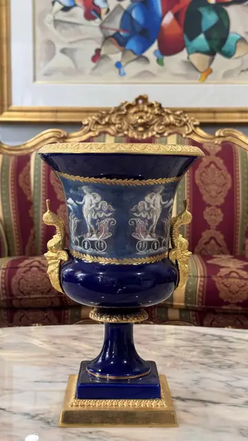 French Sèvres-Style Cobalt Blue Porcelain Pedestal Urn with Classical Painted Panel - detail