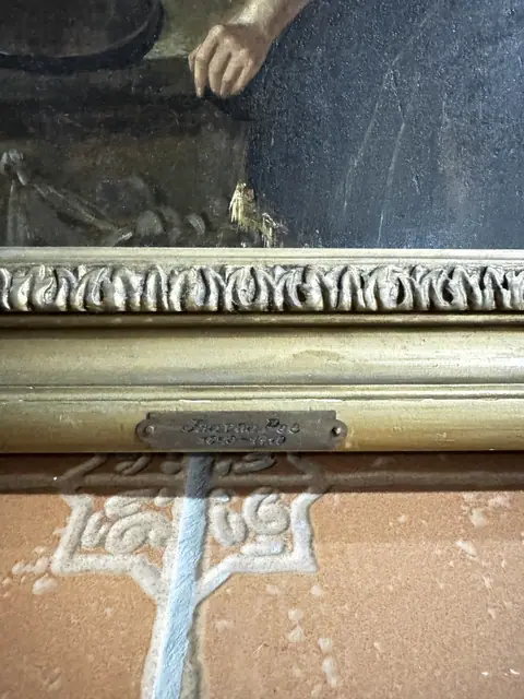 Antique Dutch School Oil on Panel Interior Scene with Serving Boy, Gilt Frame - maker's plaque