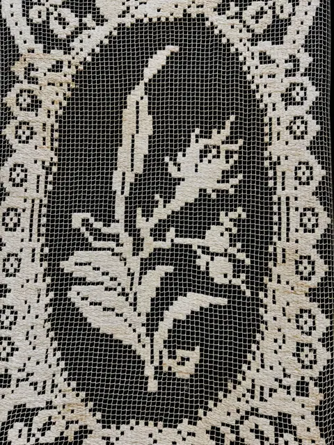 Antique Hand-Worked Lace Panel, Floral Medallion, Framed Under Glass - detail