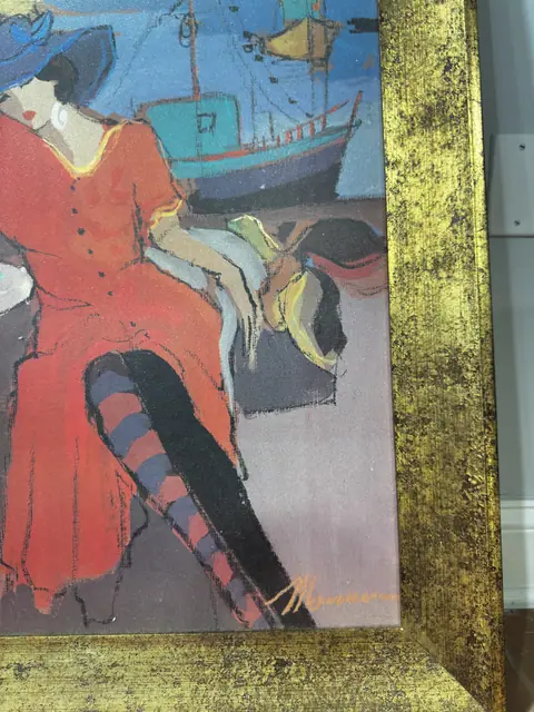 Modern Oil on Canvas, Woman in a Red Dress at a Harbour Cafe, Giltwood Frame - detail