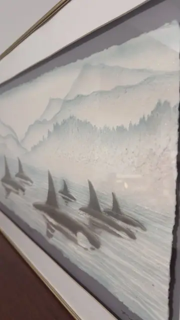 Orca Pod Watercolour on Deckle-Edged Handmade Paper, Signed, Framed - detail