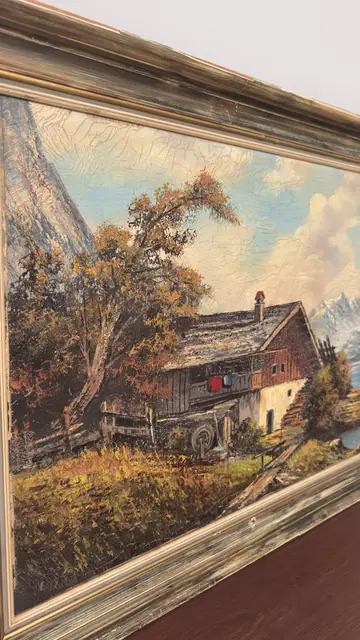 Alpine Farmhouse and Lake Oil Painting, Framed - detail