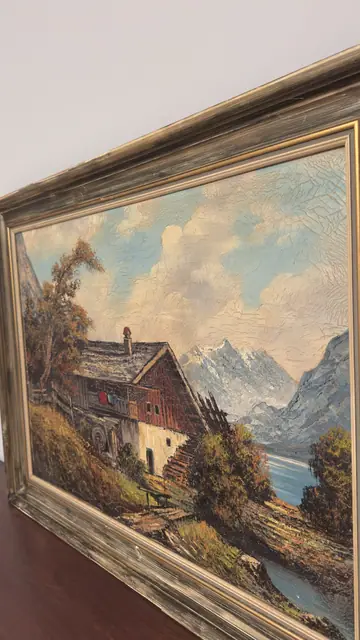 Alpine Farmhouse and Lake Oil Painting, Framed - detail