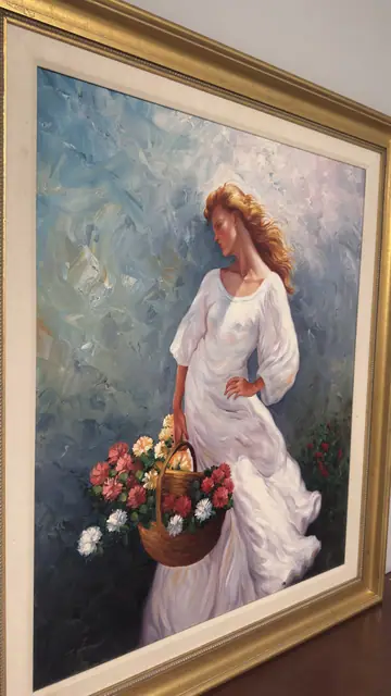 Woman in White with Basket of Flowers, Frosall, Signed, Framed - detail