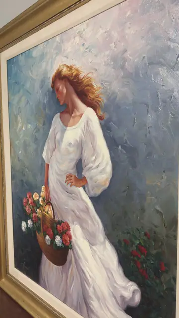Woman in White with Basket of Flowers, Frosall, Signed, Framed - detail