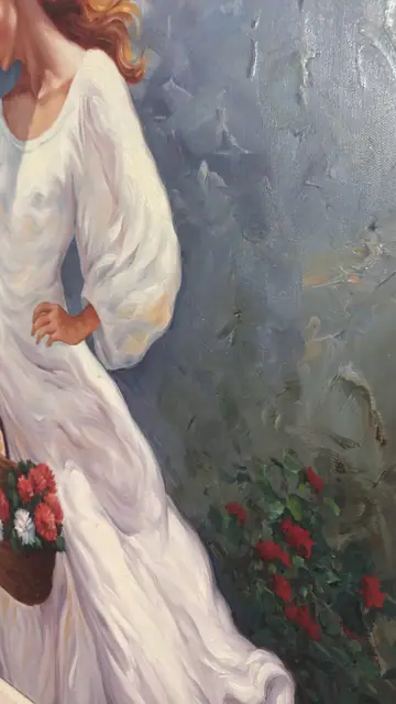 Woman in White with Basket of Flowers, Frosall, Signed, Framed - detail